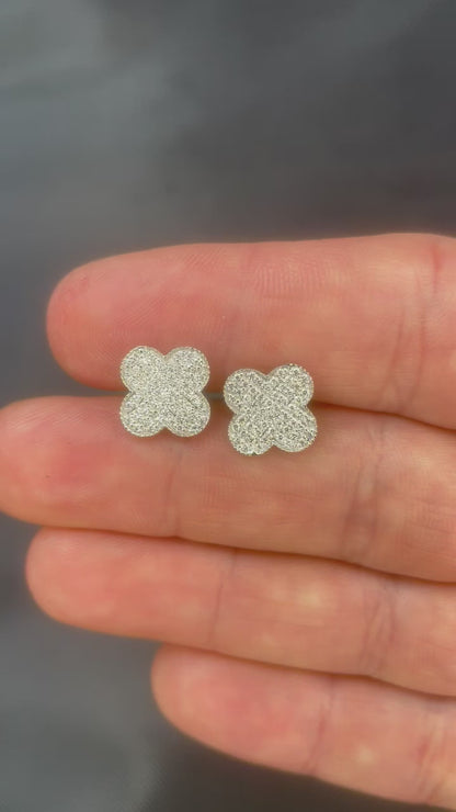 14k White Gold Diamond Clover Earrings