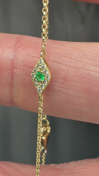 14k Yellow Gold Diamond/Emerald Eye of Protection Bracelet